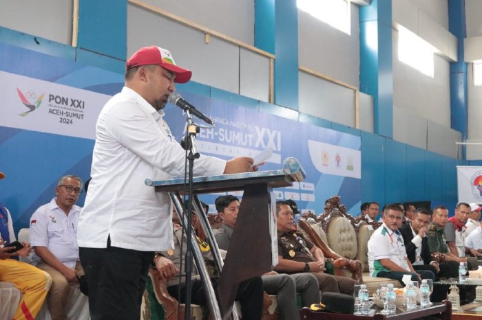 Pj Bupati Aceh Besar Muhammad Iswanto saat membuka secara resmi cabang olahraga Kurash pada Pekan Olahraga Nasional (PON) XXI Aceh-Sumut yang dilangsungkan di Gedung Hall A JSC Kota Jantho, Aceh Besar, Rabu (11/09/2024). FOTO/MC ACEH BESAR